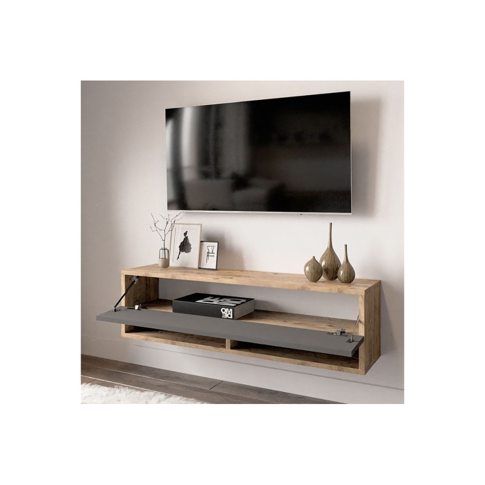 Mueble Mesa TV Moderno con 1 Puerta y Estantes en Melamina Color Antracita y Cambria - 100x31.5x29.6cm