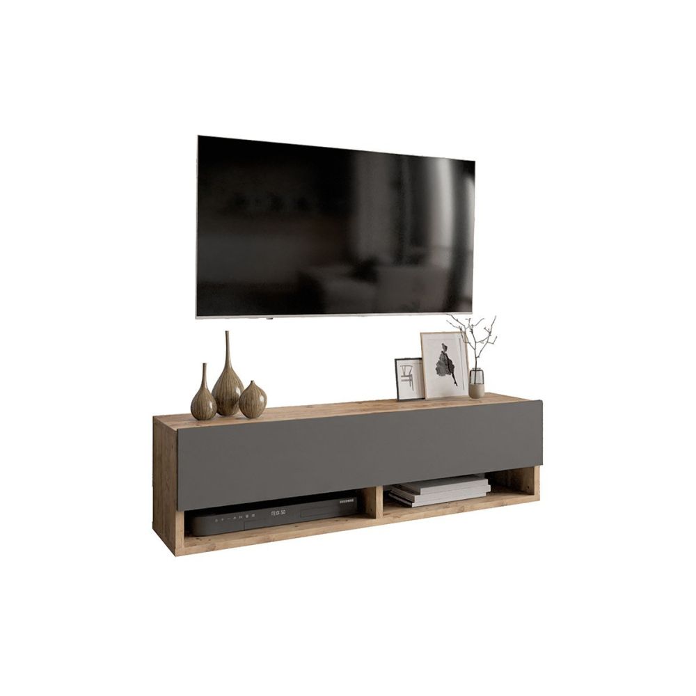 Mueble Mesa TV Moderno con 1 Puerta y Estantes en Melamina Color Antracita y Cambria - 100x31.5x29.6cm