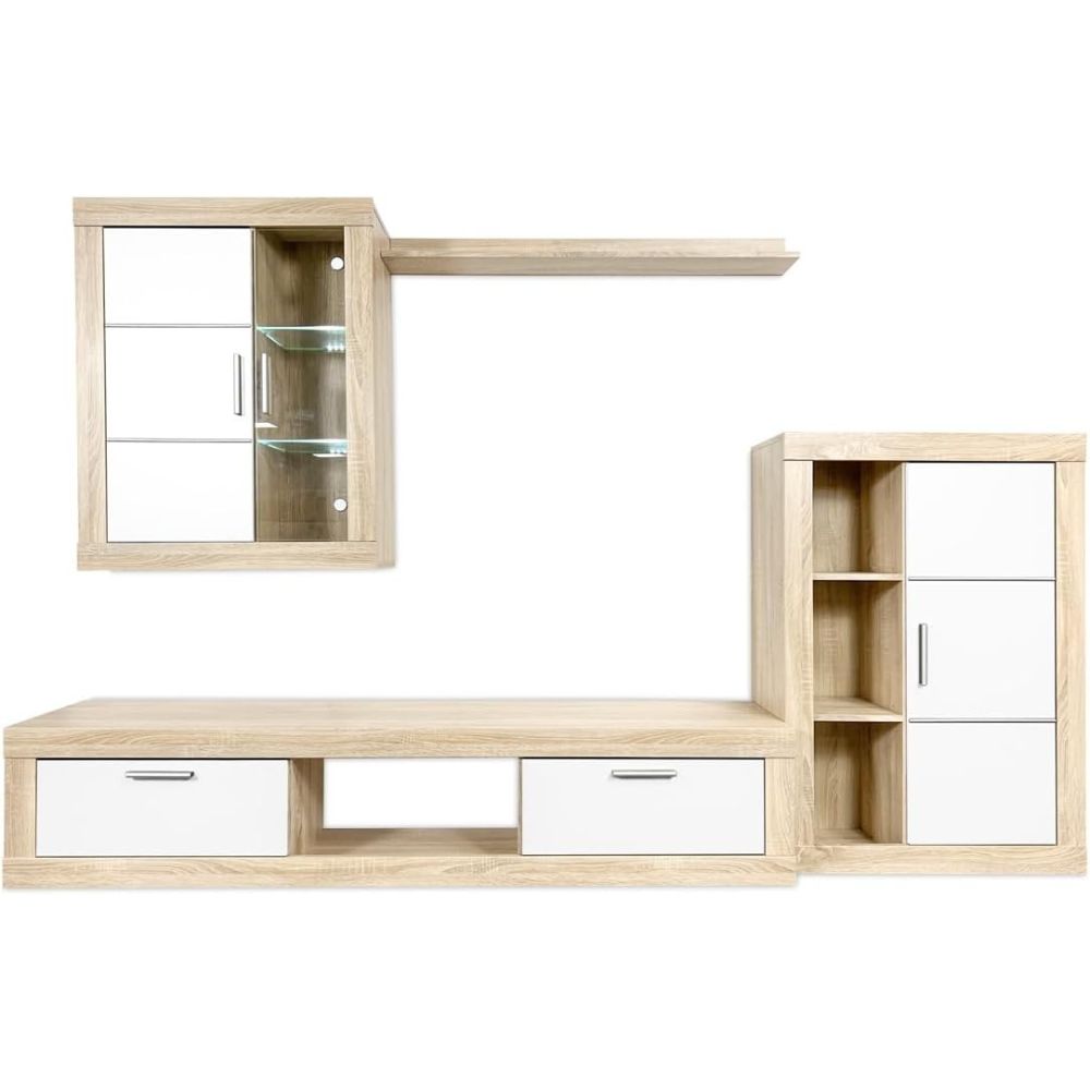 Meyvaser Mueble de salón y TV Moderno con Leds Color Cambria y Blanco Módulo de Comedor 259 Cm