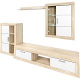 Meyvaser Mueble de salón y TV Moderno con Leds Color Cambria y Blanco Módulo de Comedor 259 Cm