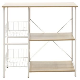 Estanteria de Cocina con 2 Cestas de Malla Metálica Blanca, 3 Estantes y Ganchos 80x34x75cm Color Madera y Blanco