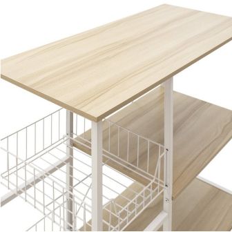 Estanteria de Cocina con 2 Cestas de Malla Metálica Blanca, 3 Estantes y Ganchos 80x34x75cm Color Madera y Blanco