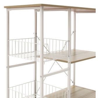 Estanteria de Cocina con 2 Cestas de Malla Metálica Blanca, 3 Estantes y Ganchos 80x34x75cm Color Madera y Blanco