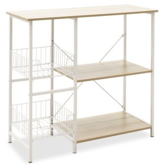 Estanteria de Cocina con 2 Cestas de Malla Metálica Blanca, 3 Estantes y Ganchos 80x34x75cm Color Madera y Blanco