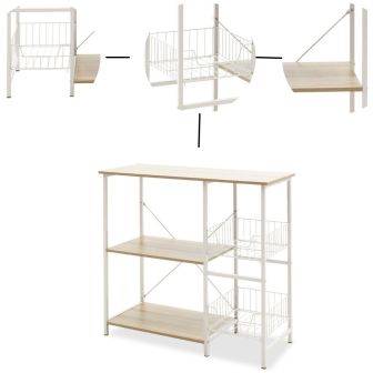 Estanteria de Cocina con 2 Cestas de Malla Metálica Blanca, 3 Estantes y Ganchos 80x34x75cm Color Madera y Blanco
